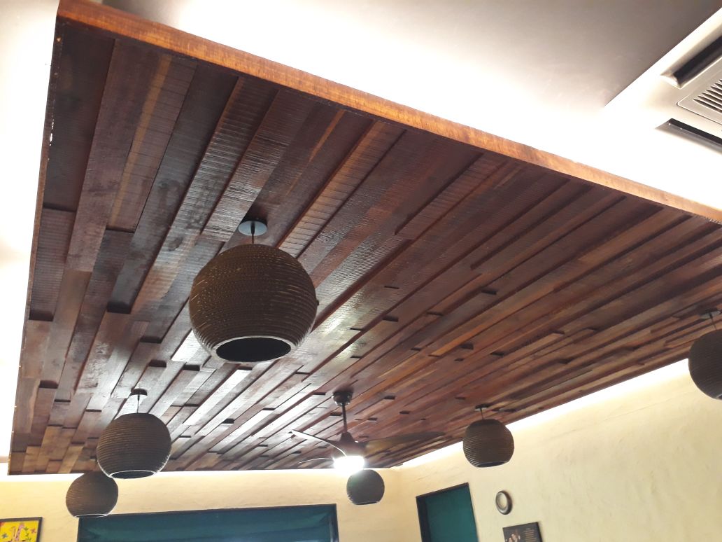 Wooden Tiled False Ceiling by Madhu Kailashi Living-room Contemporary | Interior Design Photos & Ideas