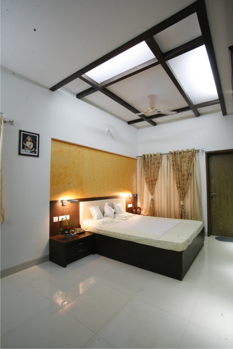 Ebony Wood Queen Size Bed With White Makrana Marble Tiles by Rajas Joshi Bedroom Modern | Interior Design Photos & Ideas