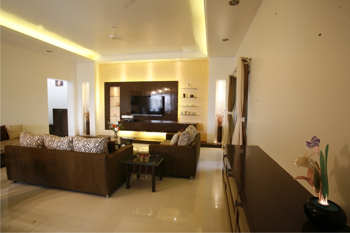 Wooden Tv Cabinet and Golden Accent Ceiling Light by Rajas Joshi Living-room Modern | Interior Design Photos & Ideas