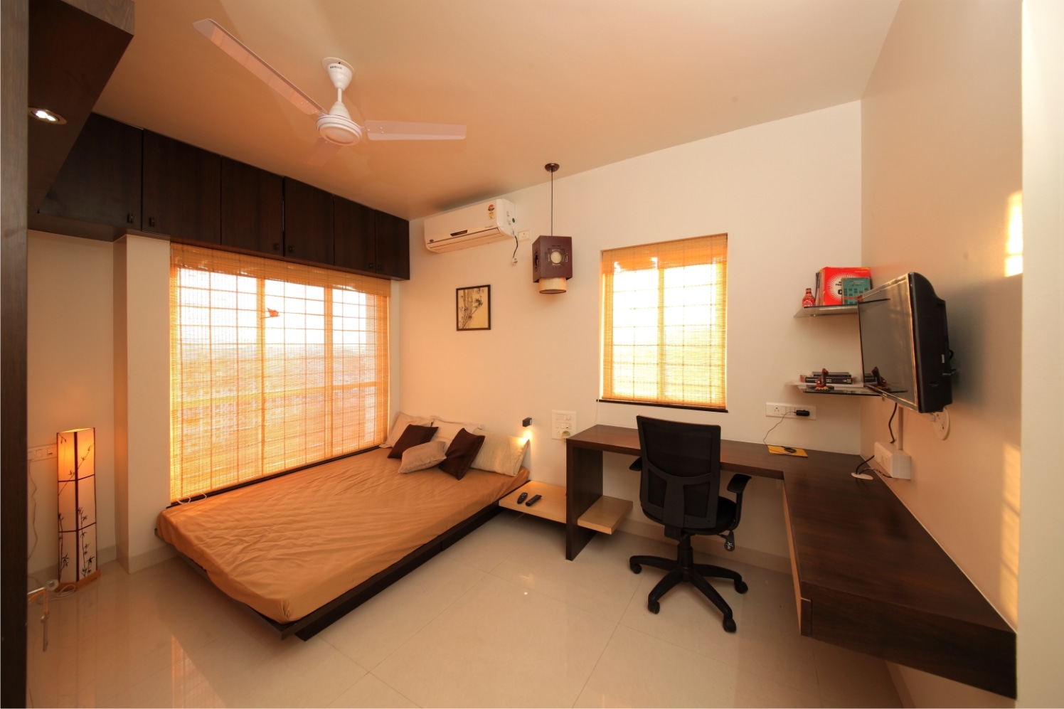 Bedroom With Wooden Study Table and Low Floor Bed by Rajas Joshi Bedroom Modern | Interior Design Photos & Ideas