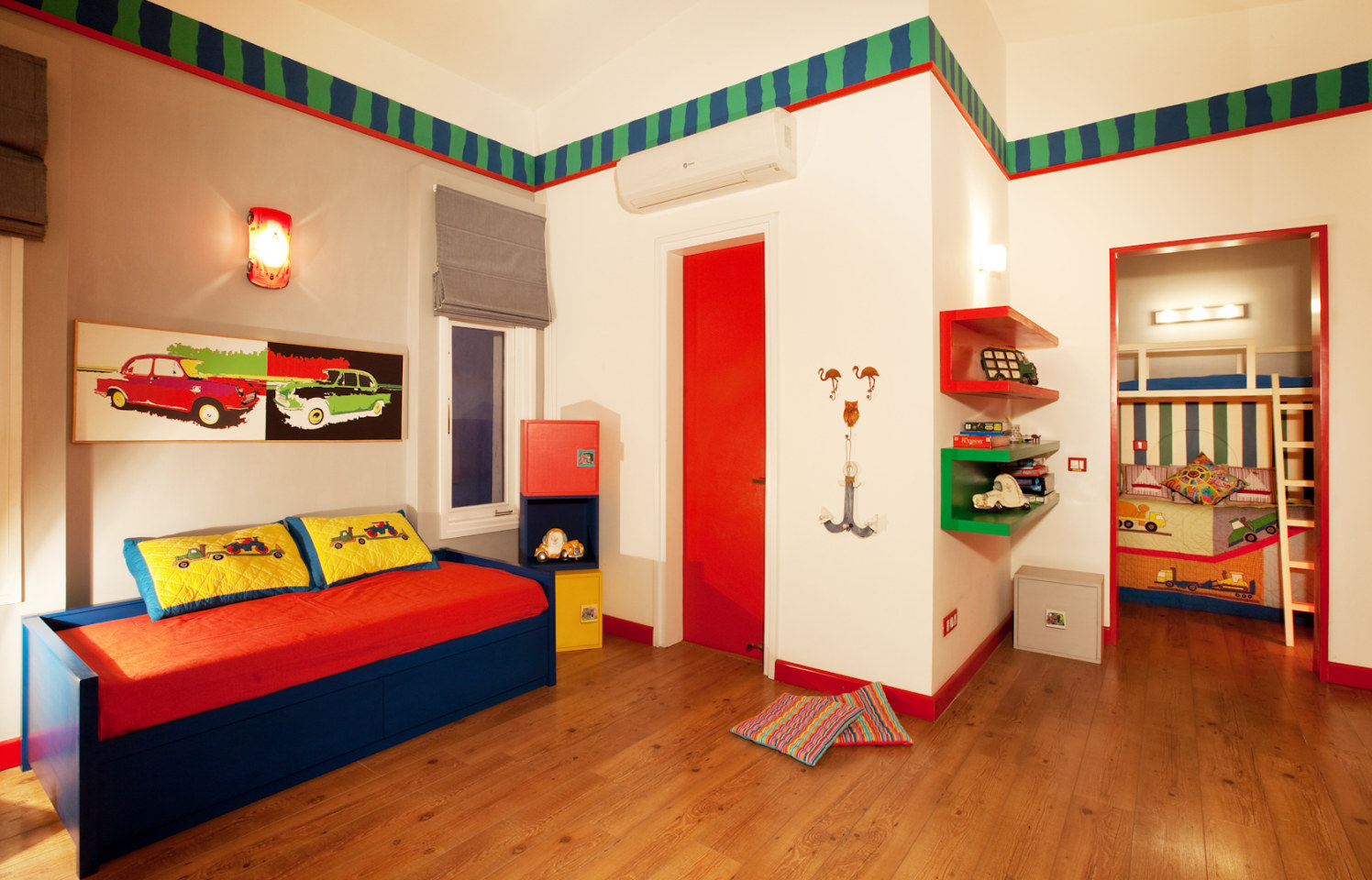 Kids Bedroom With Wooden Flooring And Small Cushioned bed by narayan moorthy Bedroom Modern | Interior Design Photos & Ideas