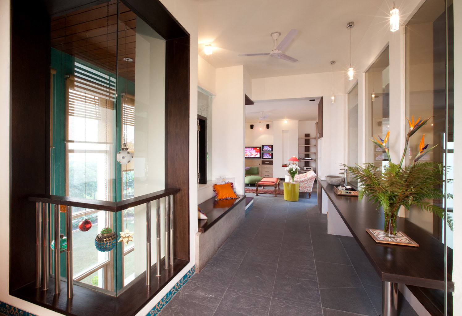 Hallway With Grey Tiles And Wooden Work by narayan moorthy Indoor-spaces Contemporary | Interior Design Photos & Ideas