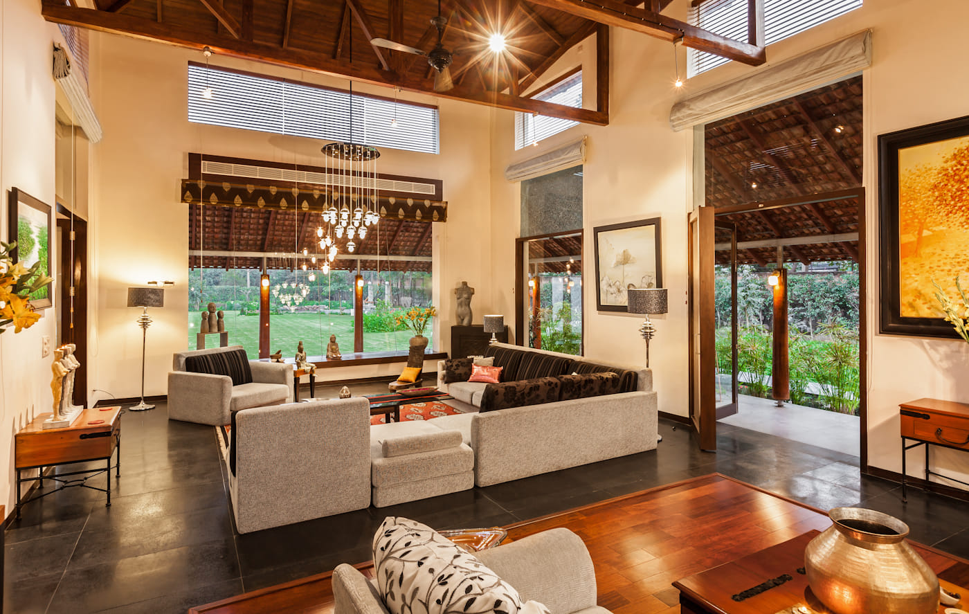 Living Room With Sofas And Hanging Lights by narayan moorthy Living-room Contemporary | Interior Design Photos & Ideas