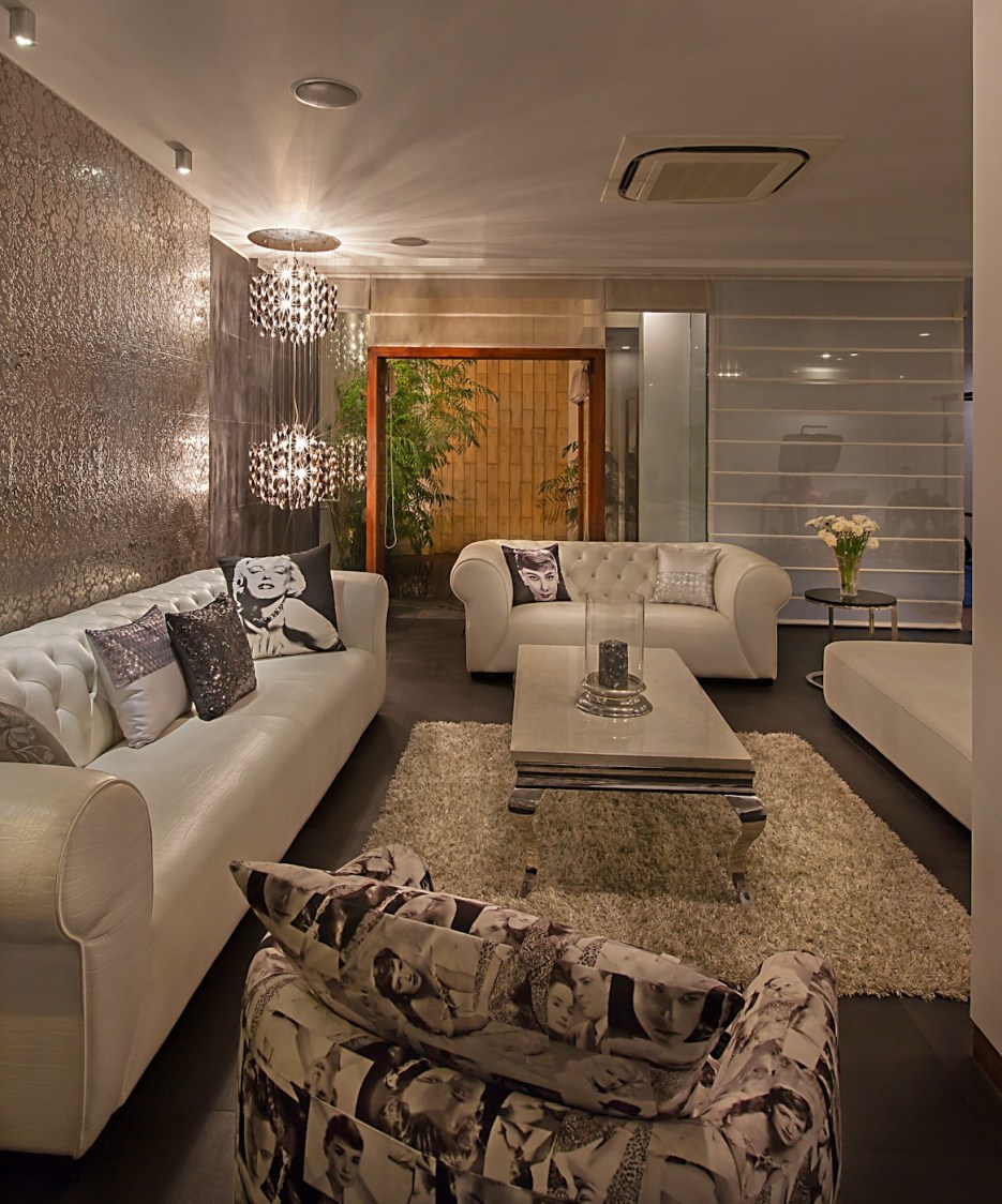 Pendant Lights And Black And White Sofa Sets In Rustic Living Room by narayan moorthy Living-room Modern | Interior Design Photos & Ideas