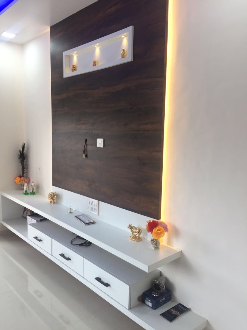 Walnut Brown Shaded Wooden TV Cabinet With Golden Accent Built-in Light by Shravan Hendre Living-room Modern | Interior Design Photos & Ideas
