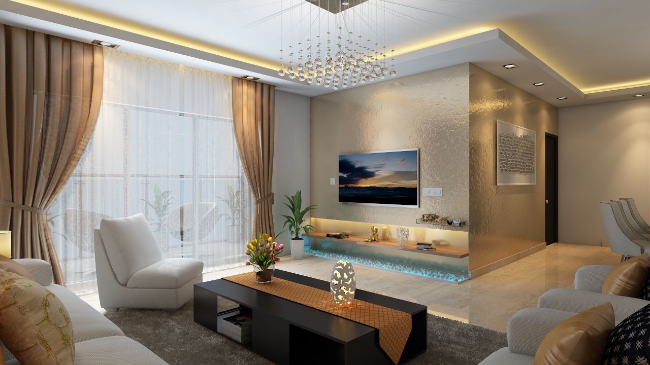 Well-Lit Living Room With White Cushioned Sofa and Golden Accent Recessed Lighting by Ryan Associates Living-room Modern | Interior Design Photos & Ideas