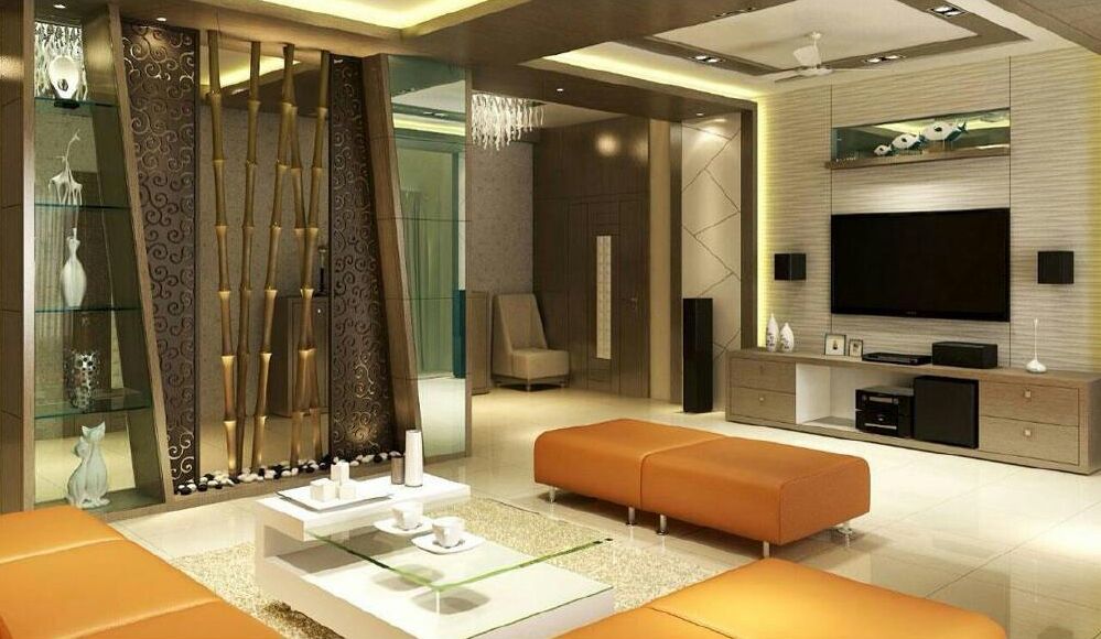 Golden Theme Living Room Decor With Orange Ottoman Chairs by Ryan Associates Living-room Modern | Interior Design Photos & Ideas