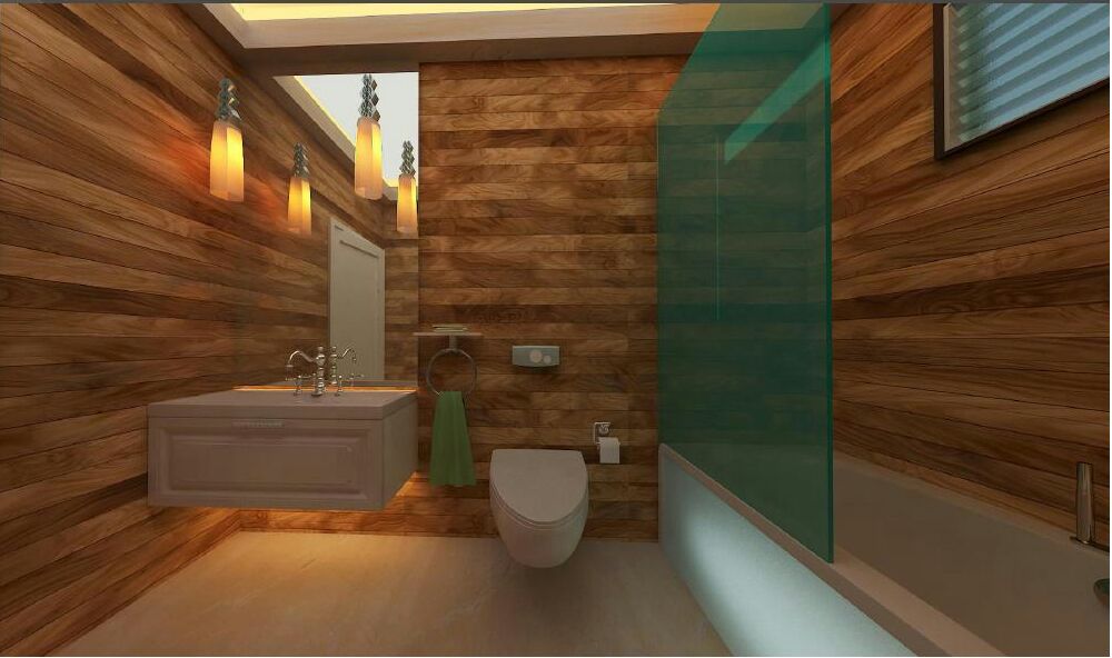 Wood Theme Bathroom With White Sanitaryware and Golden Recessed Light by Ryan Associates Bathroom Modern | Interior Design Photos & Ideas