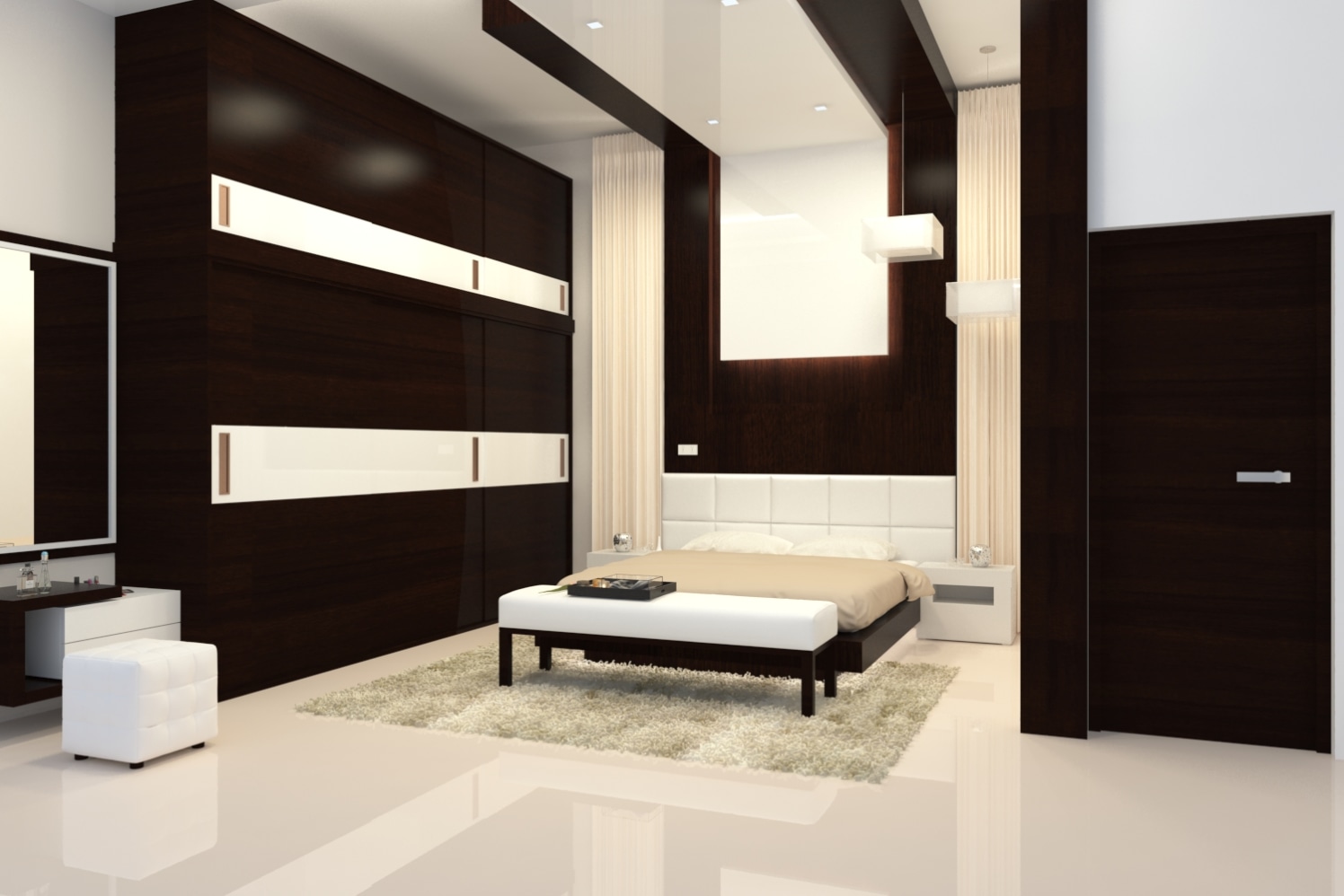 Extended wood work theme bedroom with high ceiling height by Roshan Ashta Contemporary | Interior Design Photos & Ideas