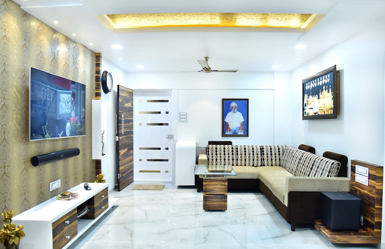 White Themed Living Space With Walnut Brown and Beige Mid Century Modern Sofa by Chirag Sunil Bhandari Living-room Modern | Interior Design Photos & Ideas