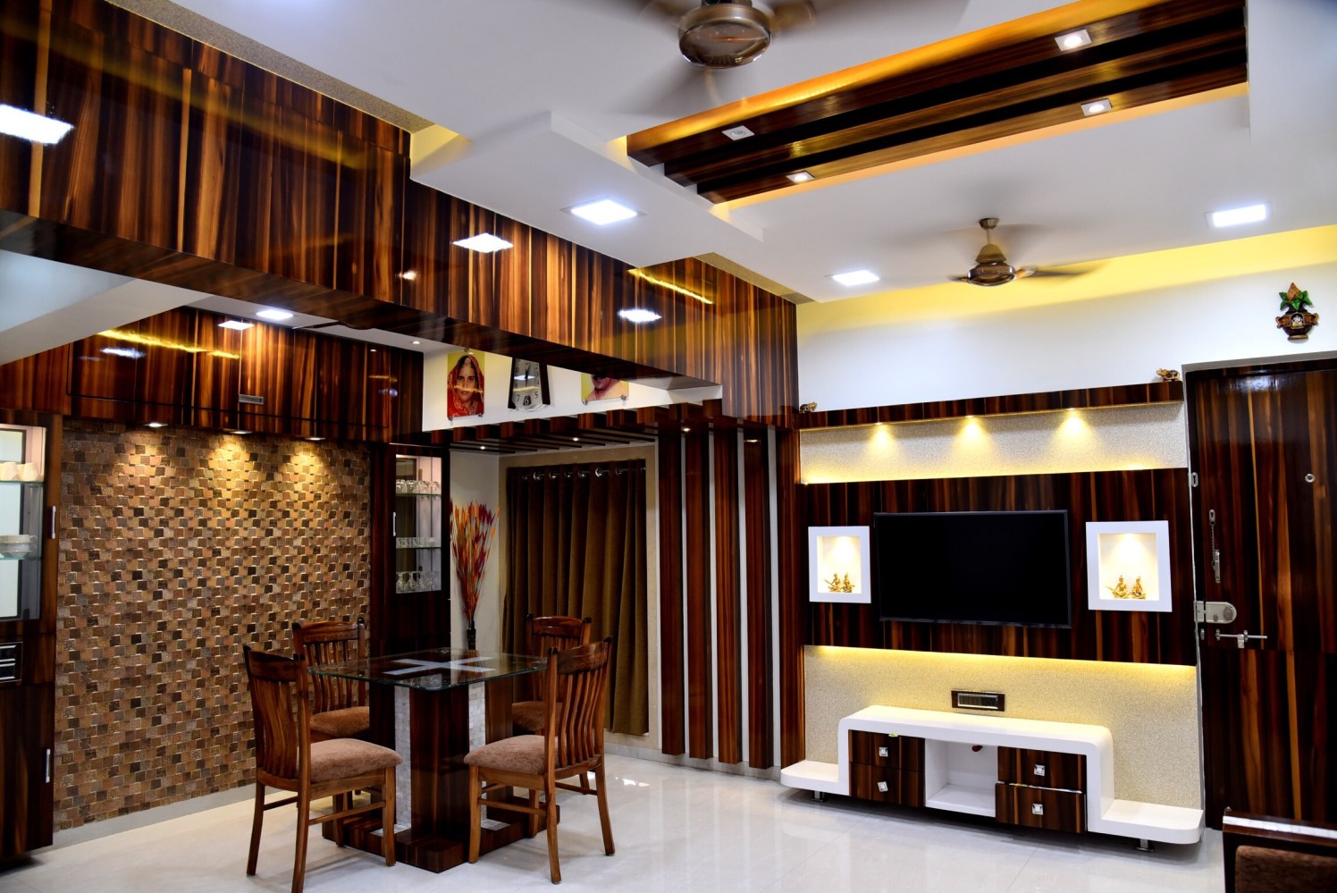 Wood Themed Living Room With Dark Brown Shaded Plywood TV Cabinet by Chirag Sunil Bhandari Living-room Modern | Interior Design Photos & Ideas