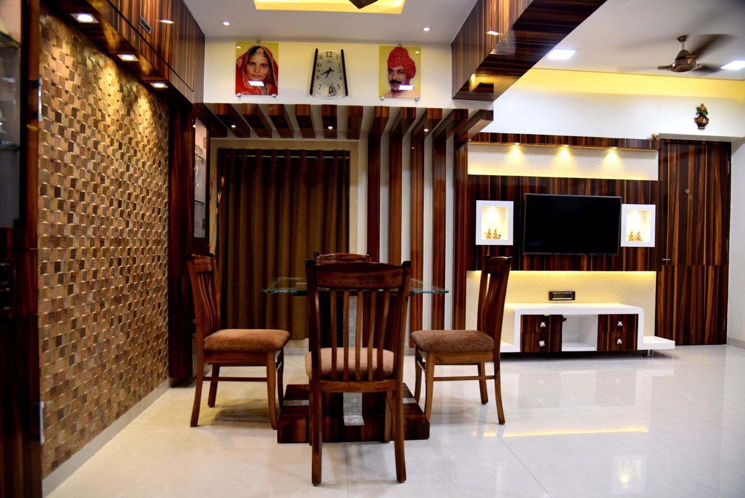 Wood Themed Dining Room With Walnut Wood Beige Side Chairs by Chirag Sunil Bhandari Dining-room Modern | Interior Design Photos & Ideas