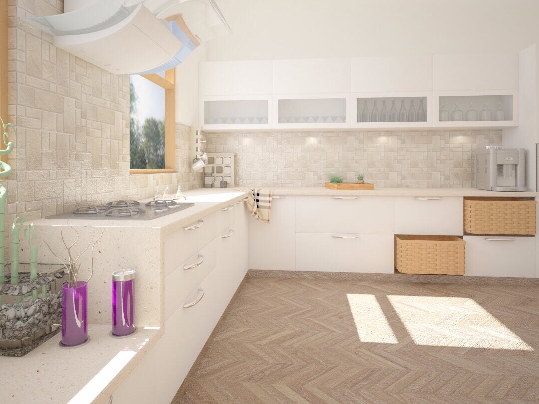 Spacious L Shaped Minimalistic Kitchen With Wooden Flooring by nakul baghel Modular-kitchen Minimalistic | Interior Design Photos & Ideas