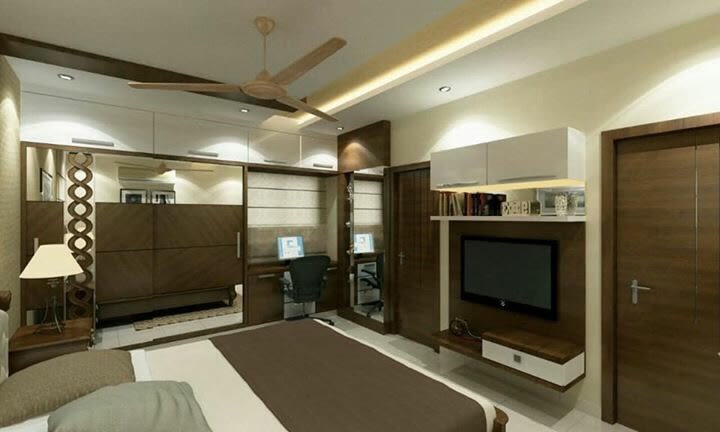 Bedroom With Wooden Interiors And Chocolate And Cream Shades by nakul baghel Bedroom Modern | Interior Design Photos & Ideas