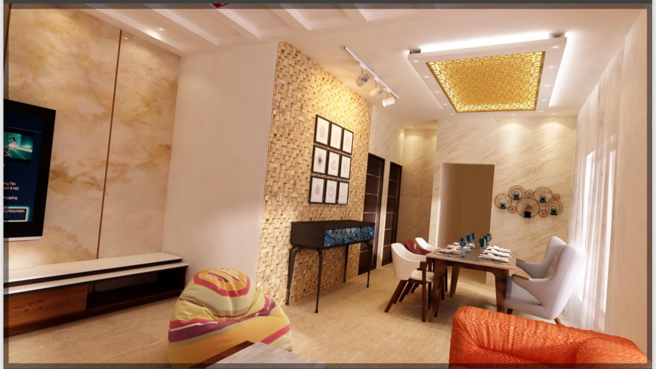 Golden and beige themed dining cum living room lit by Bright Ceiling lights by Sarath Sasi P Dining-room Modern | Interior Design Photos & Ideas