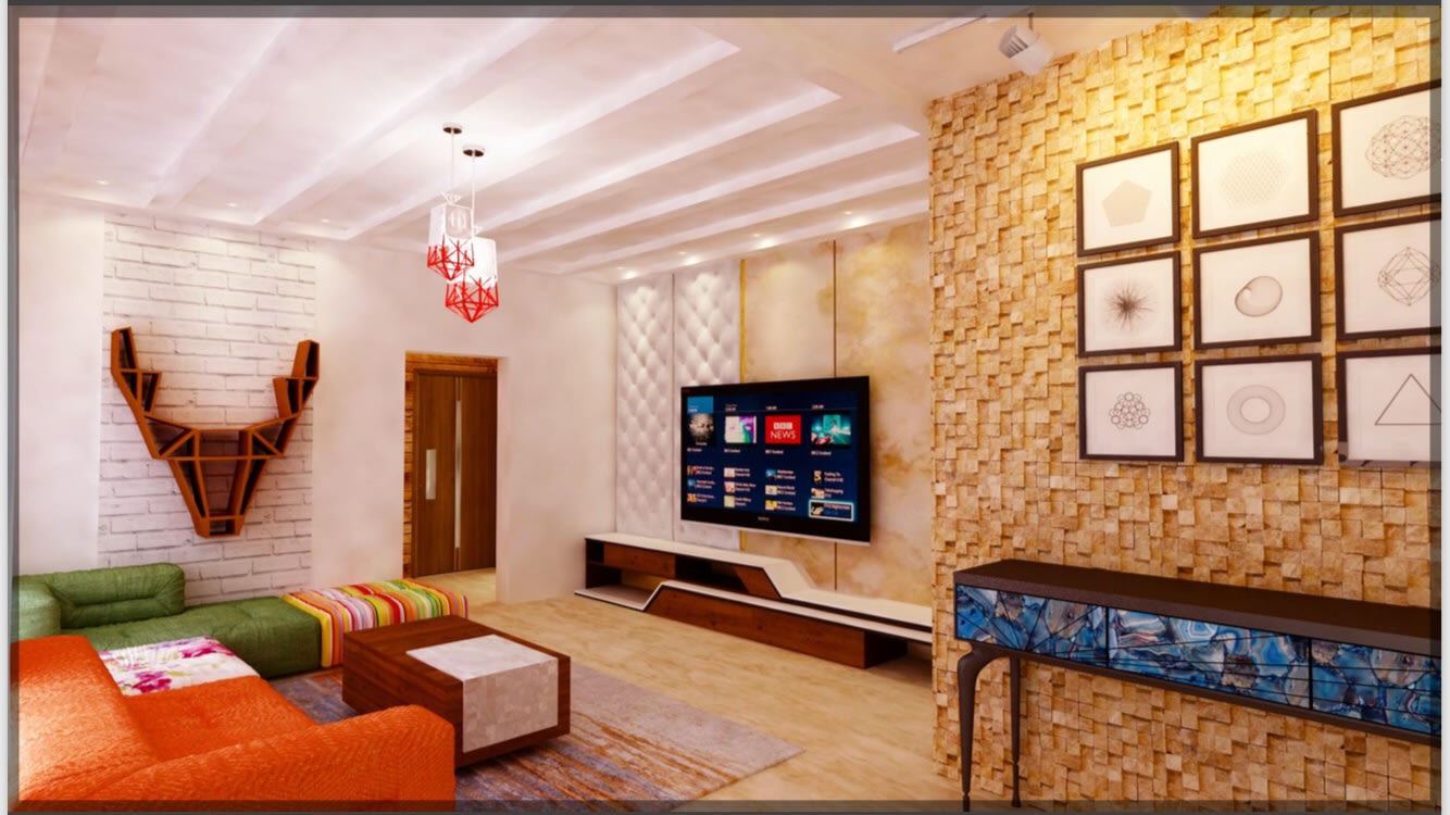 Living room decorated using festive colored upholstered furniture by Sarath Sasi P Living-room Eclectic | Interior Design Photos & Ideas