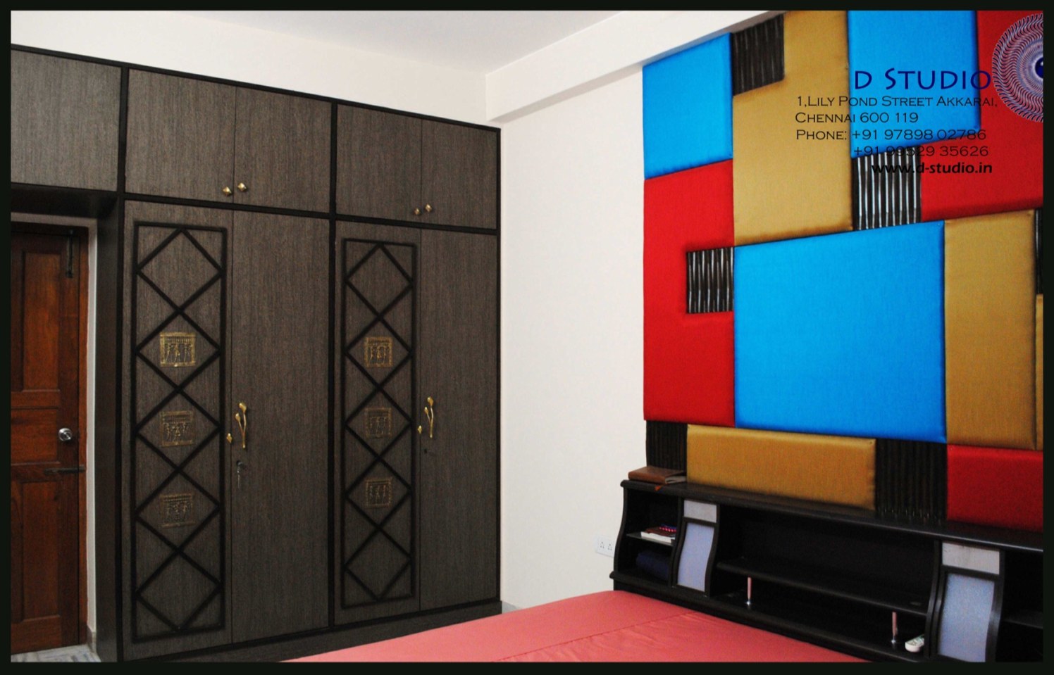 A riot of colors in an upholstered bedroom headboard with Dark wooden wardrobe by Sarath Sasi P Bedroom Eclectic | Interior Design Photos & Ideas