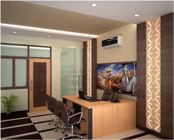 Reception Area With Wooden Desk And Brown Chairs by Ashish Singh Contemporary | Interior Design Photos & Ideas