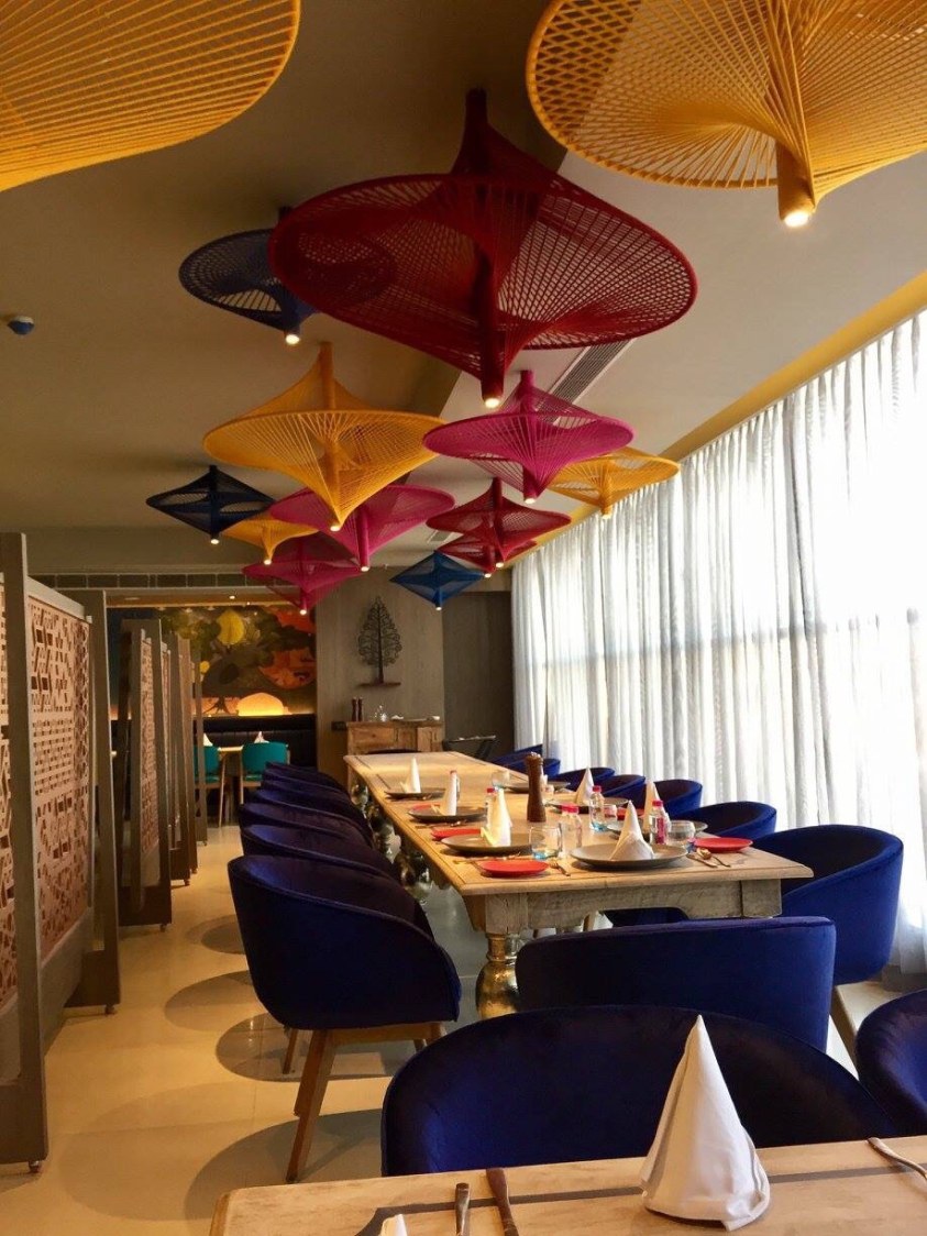 Blue Round Chairs And Artistic False Ceiling In Restaurant by Chetna Vijay Yadav Contemporary | Interior Design Photos & Ideas