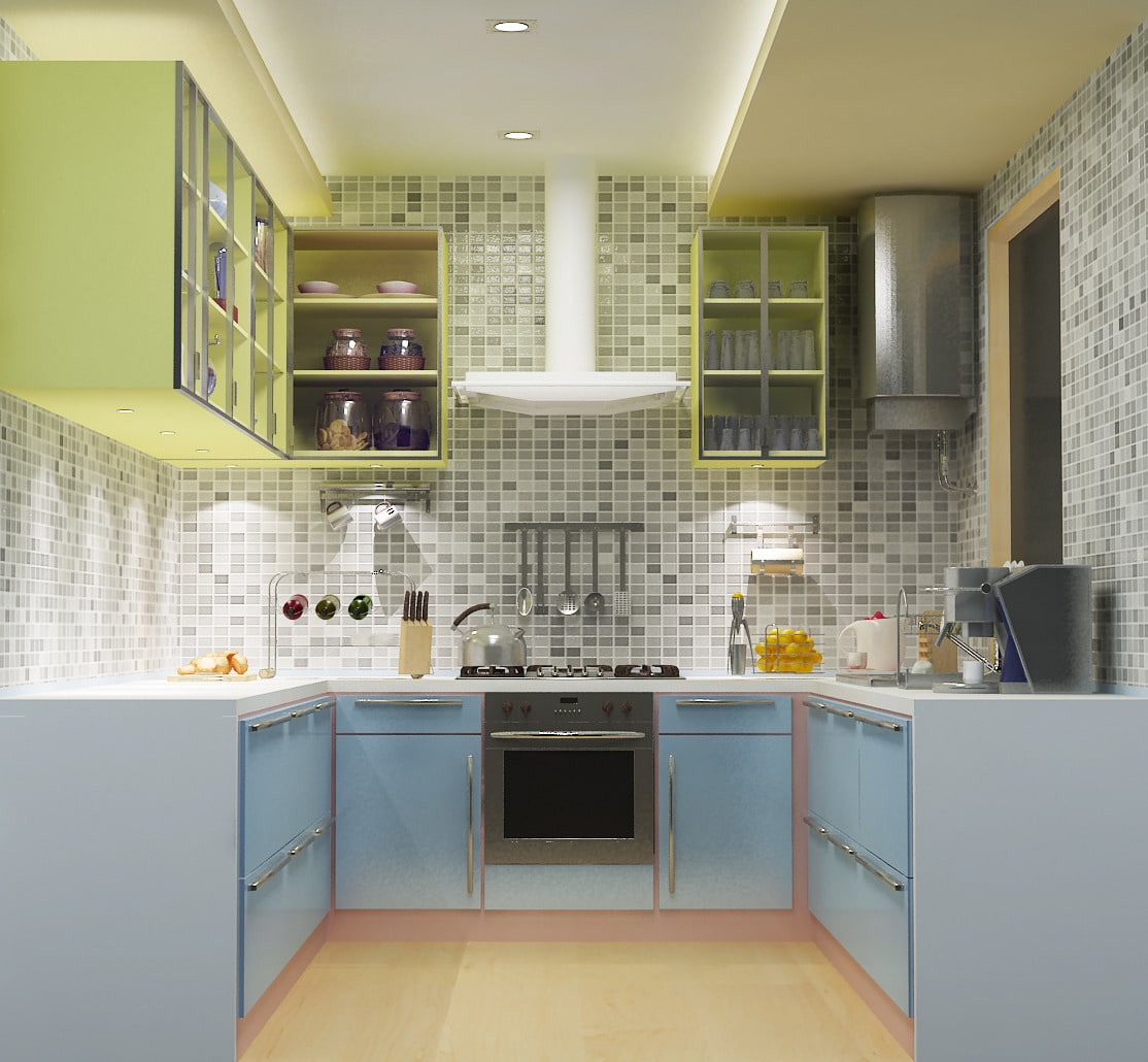 Design of a U shaped kitchen with white counter top and blue and green base and wall cabinets by Sami Mohiuddin Ansari Modular-kitchen Modern | Interior Design Photos & Ideas