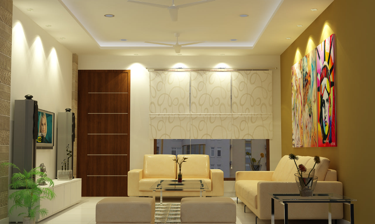 Beige theme living room with sectional sofa and ceiling lights by Sami Mohiuddin Ansari Living-room Contemporary | Interior Design Photos & Ideas