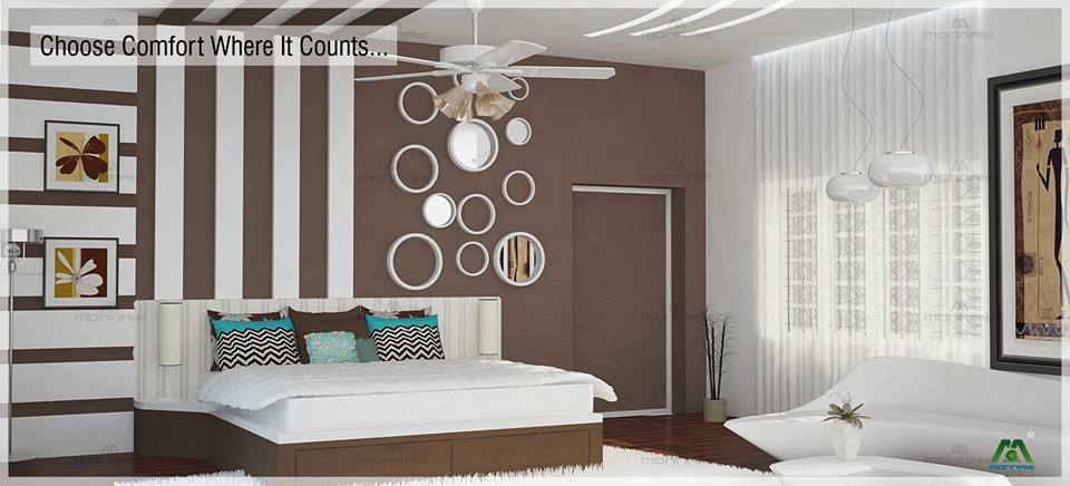 White bedroom with brown shaded wall and wall design by Monnaie Architects Bedroom Contemporary | Interior Design Photos & Ideas