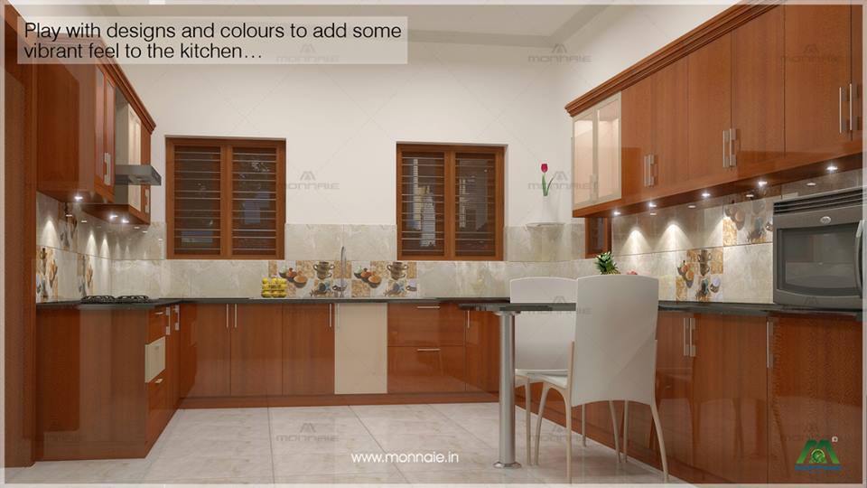 U-shaped kitchen with wooden cabinets and marble flooring by Monnaie Architects Modular-kitchen Modern | Interior Design Photos & Ideas