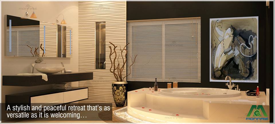 Buff Shaded Bathroom With round white Bathtub and window blinds by Monnaie Architects Bathroom Modern | Interior Design Photos & Ideas