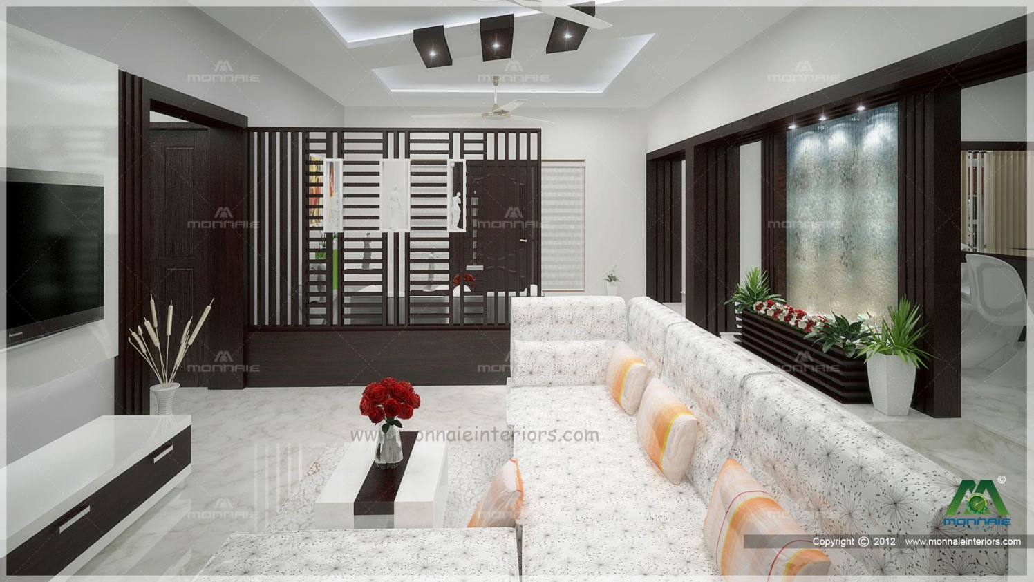 Textured White Living Room With False Ceiling by Monnaie Architects Living-room Contemporary | Interior Design Photos & Ideas