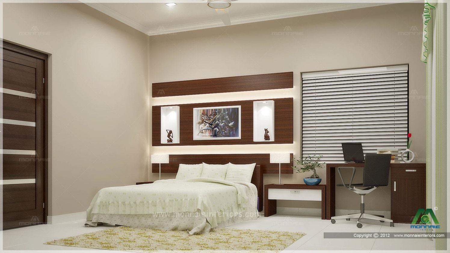 Off White And Antique Cherry Shaded Bedroom With brown Study Table by Monnaie Architects Bedroom Contemporary | Interior Design Photos & Ideas