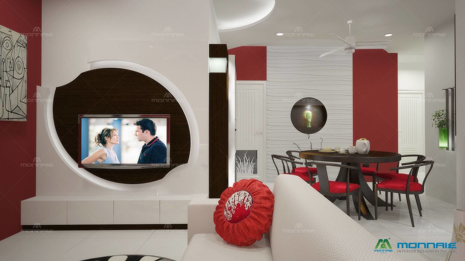 Dark Red And White Shaded Living Area with white sectional sofa and Wall mounted entertainment center by Monnaie Architects Living-room Contemporary | Interior Design Photos & Ideas