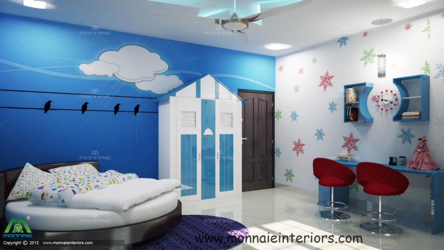 Blue Shaded Kids Bedroom Home shaped wardrobe and circular queen sized bed by Monnaie Architects Bedroom Contemporary | Interior Design Photos & Ideas