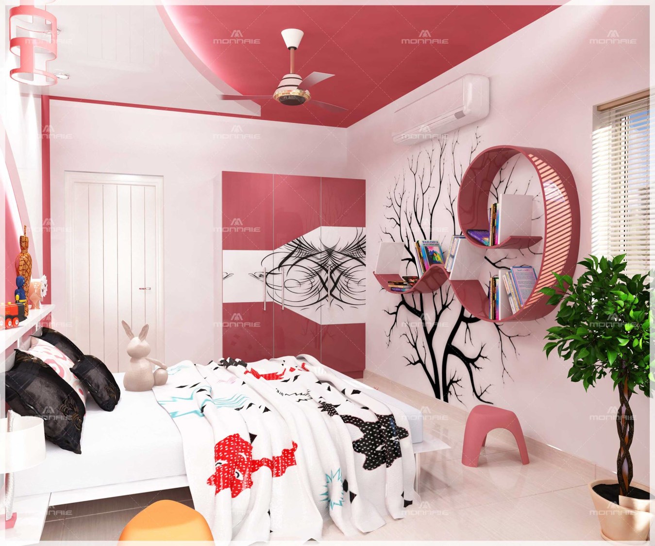 Cerise Shaded Kids Bedroom With Wall Art by Monnaie Architects Bedroom Contemporary | Interior Design Photos & Ideas