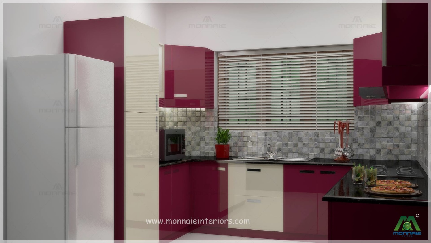 L shape kitchen with pink and white cabinets by Monnaie Architects Modular-kitchen Modern | Interior Design Photos & Ideas
