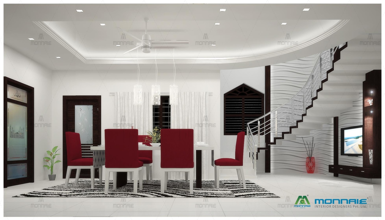 Pure White Dining Room With Burgundy Chairs by Monnaie Architects Dining-room Contemporary | Interior Design Photos & Ideas