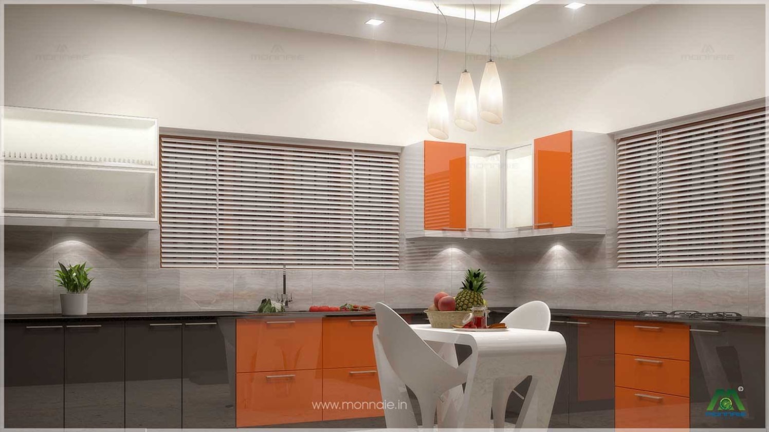 Orange And Grey Modular Kitchen With Hanging Lights by Monnaie Architects Modular-kitchen Modern | Interior Design Photos & Ideas