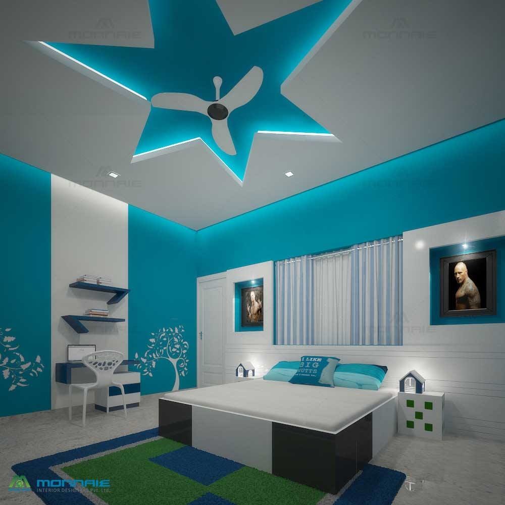 Blue shade bedroom with wall design and marble flooring by Monnaie Architects Bedroom Contemporary | Interior Design Photos & Ideas