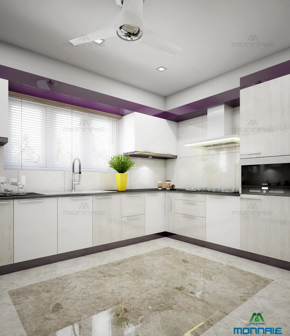 L shaped kitchen with white cabinets and glossy tiled flooring by Monnaie Architects Modular-kitchen Modern | Interior Design Photos & Ideas