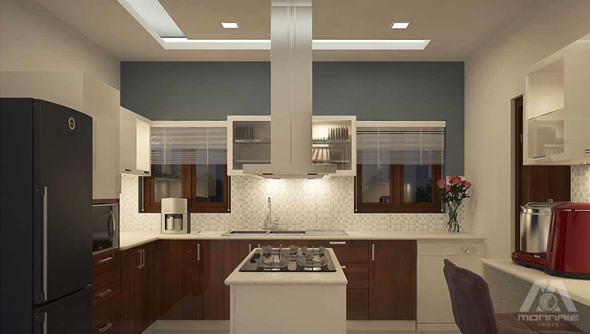 L Shaped kitchen with brown cabinets and false ceiling by Monnaie Architects Modular-kitchen Modern | Interior Design Photos & Ideas