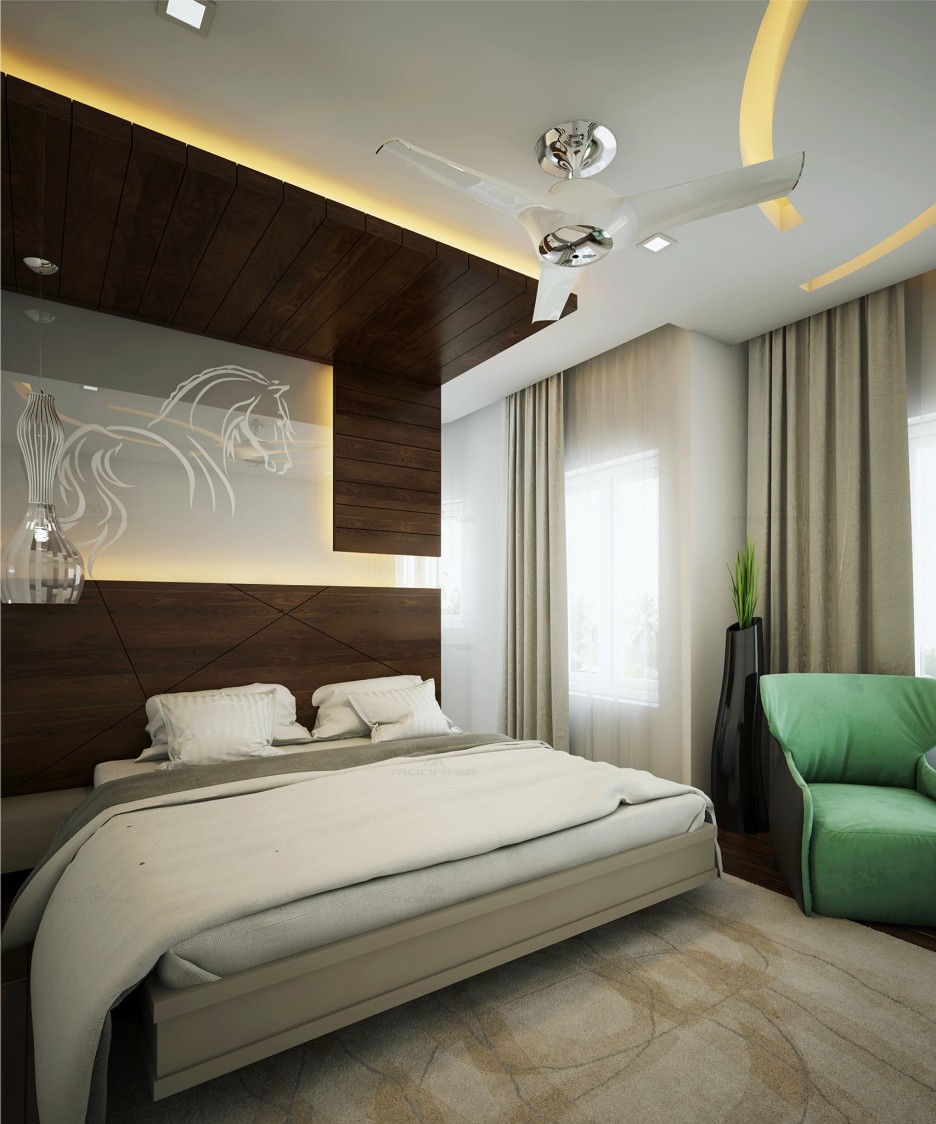 King Size Bed with Wooden False Ceiling and Green Sofa by Monnaie Architects Bedroom Contemporary | Interior Design Photos & Ideas