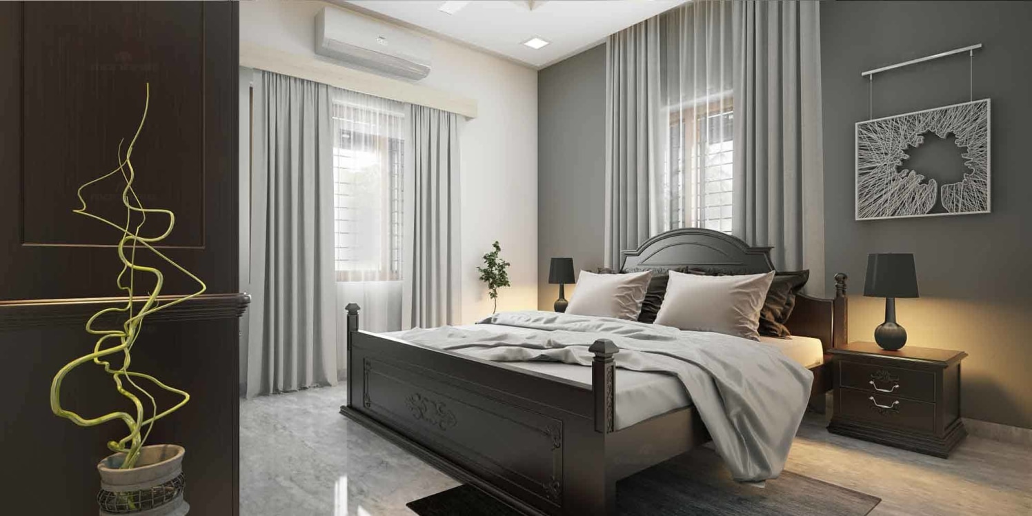 Bedroom with Queen Size Wooden Bed and Abstract Wall Art Hinged to Black Wall by Monnaie Architects Bedroom Contemporary | Interior Design Photos & Ideas