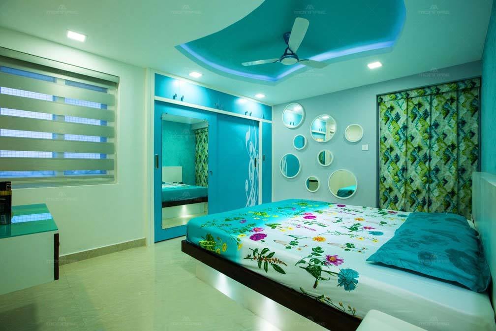 Blue Themed Bedroom with Queen Size Bed and Mirror Sliding Wardrobe by Monnaie Architects Bedroom Contemporary | Interior Design Photos & Ideas