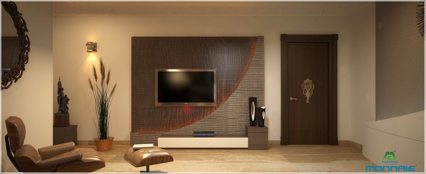 Spacious Living Room with Brown Lounge Chair and tv Unit by Monnaie Architects Living-room Contemporary | Interior Design Photos & Ideas