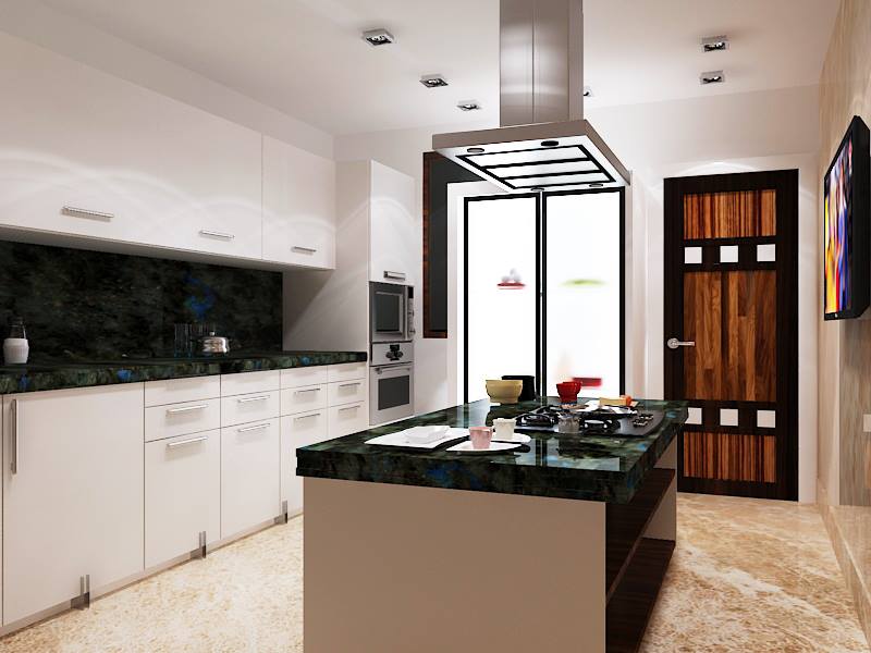 Island Modular Kitchen with Modern Chimney and Granite Counter Top by Mauve & Crimson Interior Solutions Modular-kitchen Modern | Interior Design Photos & Ideas