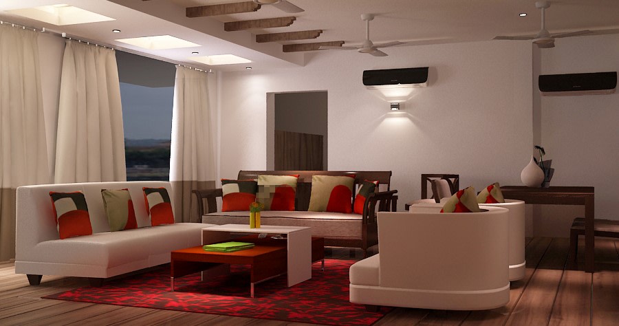 Design of a living room with white sofas and red upholstery illuminated by ceiling lights by Stonehenge Designs Living-room Contemporary | Interior Design Photos & Ideas