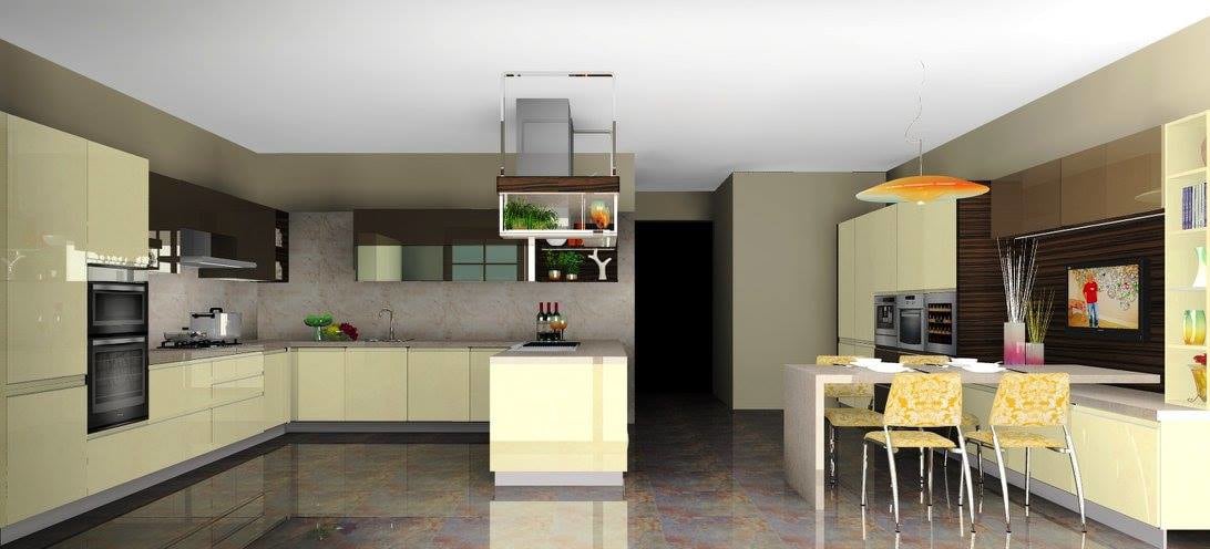 Spacious L shape kitchen with marble flooring by Delixi Designs Modular-kitchen Modern | Interior Design Photos & Ideas