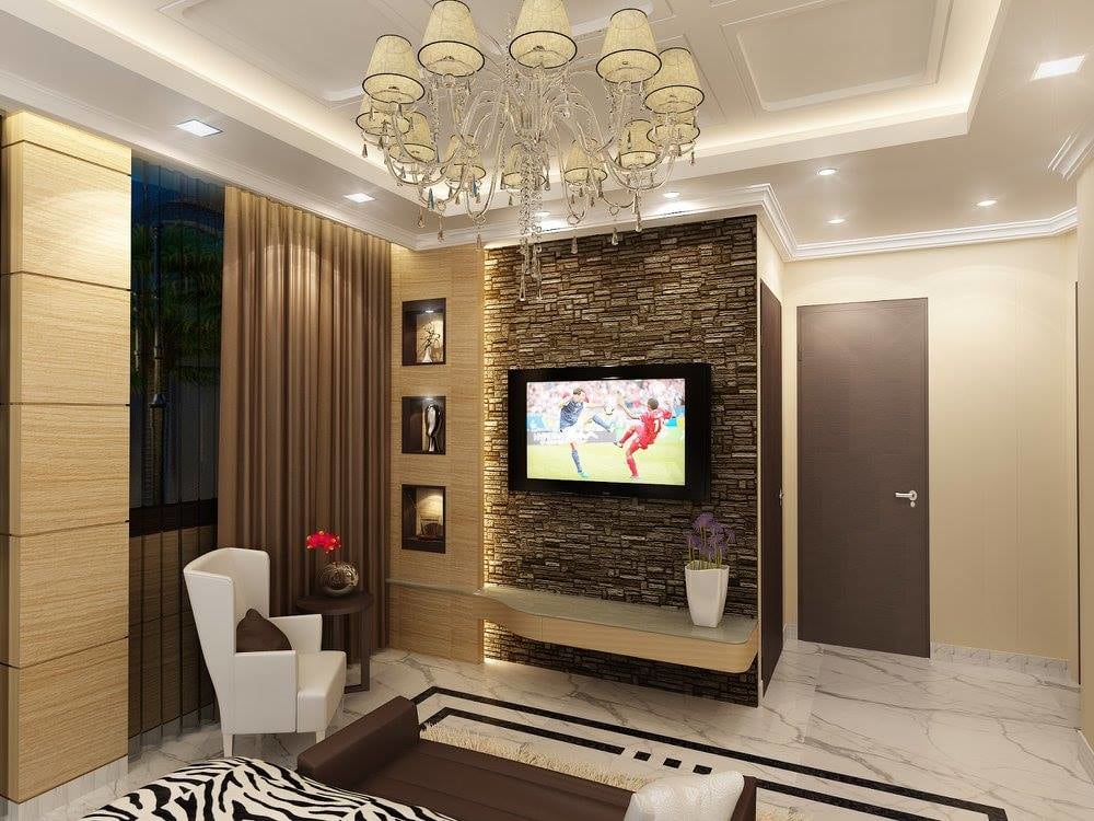 White lounge chair and Tv unit and false ceiling by Delixi Designs Living-room Modern | Interior Design Photos & Ideas
