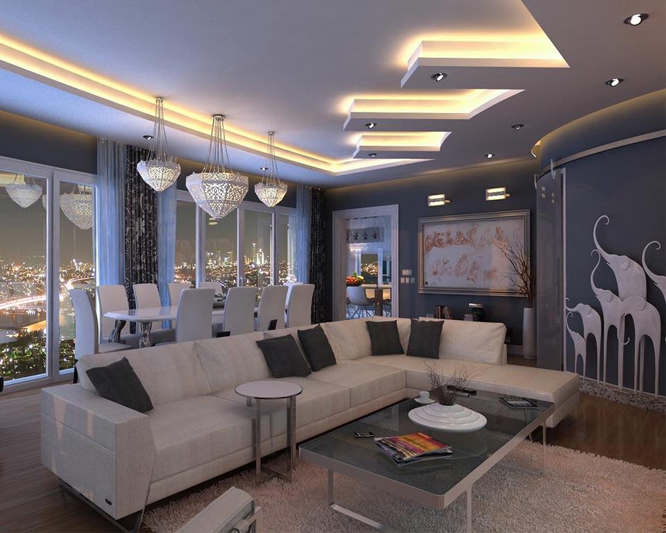 L shape grey sofa with black cushions and false ceiling by Delixi Designs Living-room Contemporary | Interior Design Photos & Ideas