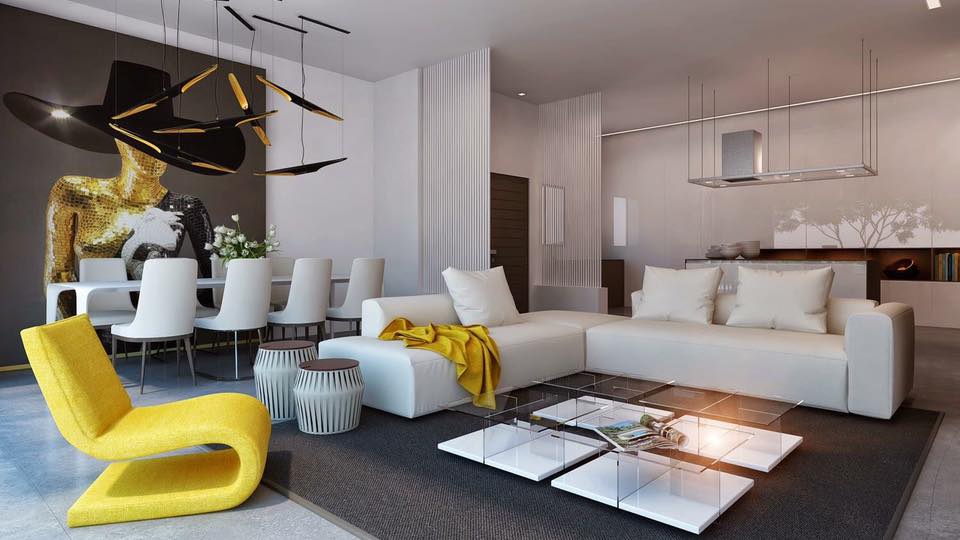 L shape sofa with white cushions and yellow lounge chair by Delixi Designs Living-room Modern | Interior Design Photos & Ideas