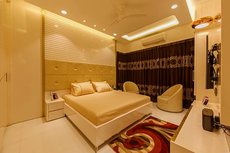 Beige Cushioned Bed With Chairs by Sagar Shah Bedroom Contemporary | Interior Design Photos & Ideas